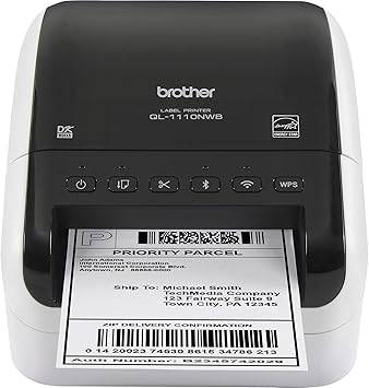 Brother QL-1110NWB wide format thermal label printer with wireless connectivity, designed for postage and barcode labels.