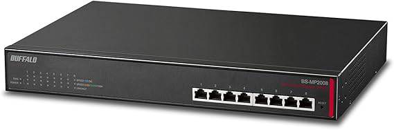 Buffalo BS-MP2008 8-port multi-gigabit switch with 2.5, 5, and 10 GbE ports for high-speed network connectivity.
