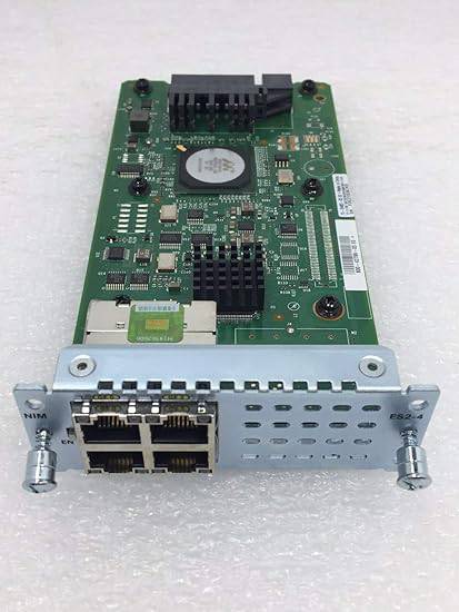 Cisco 4-port Gigabit Ethernet switch NIM with four port connections and indicator lights for network connectivity.