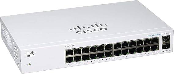 Cisco Business CBS110-24T unmanaged switch with 24 Gigabit Ethernet ports and 2 shared 1G SFP ports for network expansion.