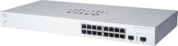 Cisco Business CBS220-16P-2G Smart Switch with 16 Ethernet ports, PoE, 2 Gigabit SFP ports, and 3-year hardware warranty.