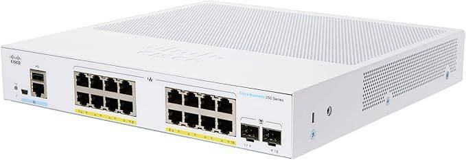 Cisco Business CBS250-16P-2G smart switch with 16 Gigabit Ethernet ports, PoE, 2 SFP ports, and lifetime protection.