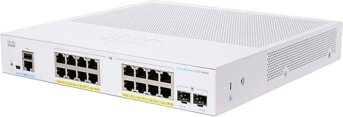 Cisco Business CBS350-16P-2G managed switch with 16 Gigabit Ethernet ports, PoE, 2 SFP ports, and lifetime protection.