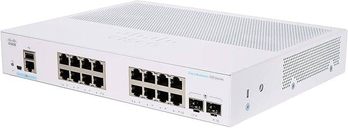 Cisco Business CBS350-16T-E-2G managed switch with 16 Gigabit Ethernet ports, 2 SFP slots, and extended power supply.