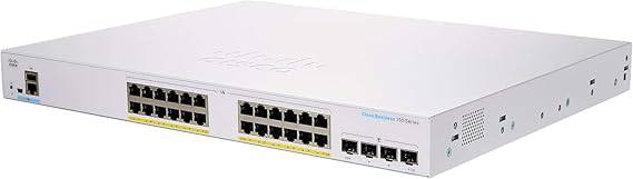 Cisco CBS350-24FP-4G managed switch with 24 GE ports, PoE, 4 SFP slots, and lifetime protection in a professional network setup.