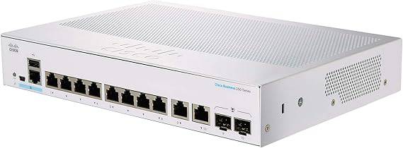 Cisco CBS350-8FP-E-2G managed network switch with 8 Gigabit Ethernet ports, PoE, dual 1G combo ports, and full power supply.