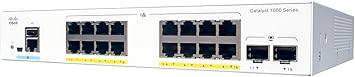 Cisco Catalyst 1000-16P-2G-L network switch with 16 Gigabit Ethernet PoE+ ports, fanless design, and 2 SFP uplink ports.