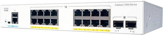 Cisco Catalyst 1000-16T-E-2G-L network switch with 16 Gigabit Ethernet ports, 2 SFP uplink ports, fanless design.