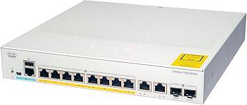 Cisco Catalyst 1000-8P-E-2G-L network switch with 8 Gigabit Ethernet PoE+ ports, 2 combo ports, fanless design.