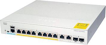 Cisco Catalyst 1000-8T-E-2G-L network switch with 8 Gigabit Ethernet ports, 2 SFP/RJ-45 combo ports, fanless design.