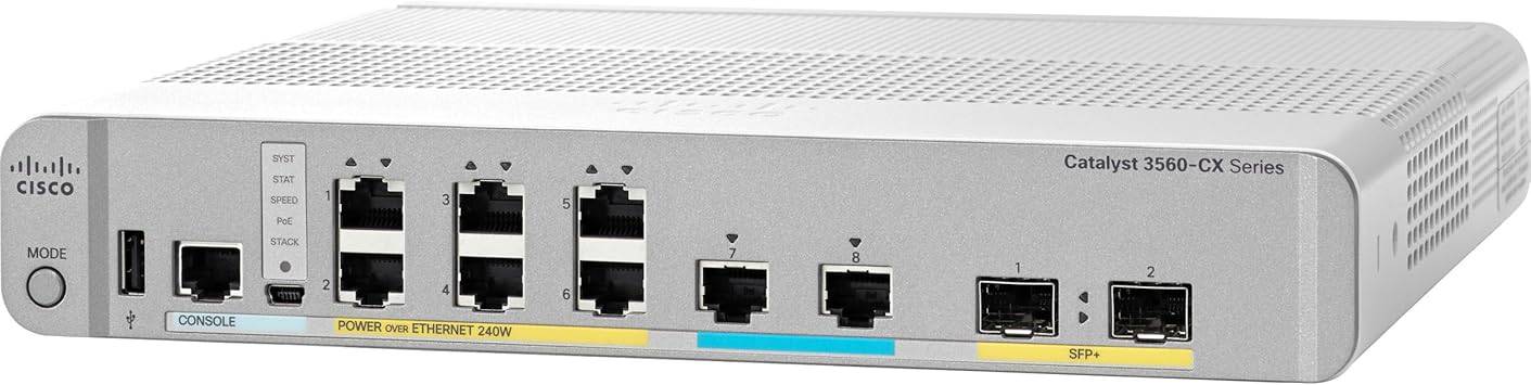 Cisco Catalyst 3560CX-8XPD-S network switch with 6 Gigabit Ethernet ports, 2 Multi-GbE, 8 PoE+ outputs, 2 10G SFP+ uplinks