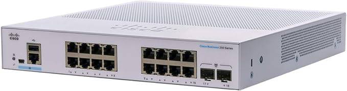 Cisco CBS250-16T-2G Smart Switch with 16 Gigabit Ethernet ports, 2 SFP slots, and limited lifetime protection.