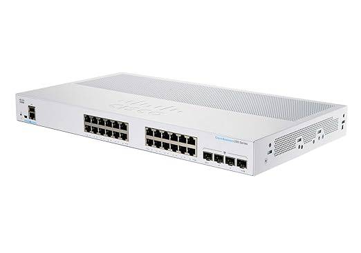 Cisco CBS250-24T-4G smart switch with 24 Ethernet ports and 4 SFP slots, designed for business network connectivity.