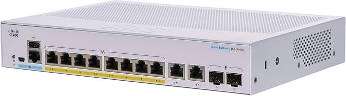 Cisco Designed Business CBS350-8P-E-2G managed switch with 8 Ethernet ports, PoE, external power supply, and 2x1G combo ports.