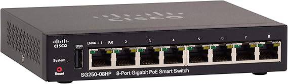 CISCO DESIGNED SG250-08HP Smart Switch with 8 Gigabit Ethernet (GbE) Ports Plus 45W PoE, Limited Lifetime Protection (SG250-08HP-K9-NA), Black