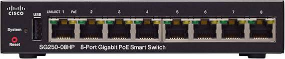 CISCO DESIGNED SG250-08HP Smart Switch with 8 Gigabit Ethernet (GbE) Ports Plus 45W PoE, Limited Lifetime Protection (SG250-08HP-K9-NA), Black
