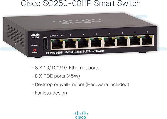 CISCO DESIGNED SG250-08HP Smart Switch with 8 Gigabit Ethernet (GbE) Ports Plus 45W PoE, Limited Lifetime Protection (SG250-08HP-K9-NA), Black