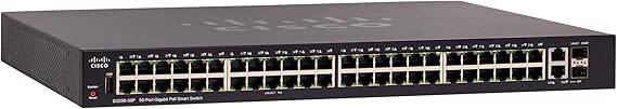 Cisco SG250-50P Smart Switch with 50 Gigabit Ethernet ports, PoE, SFP ports, black color, and limited lifetime protection.