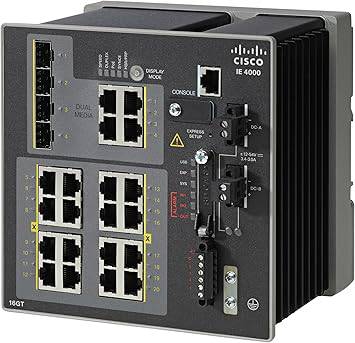 Cisco IE-4000-16GT4G-E industrial Ethernet switch with 16 gigabit ports, 4 combo SFP ports, DIN rail mount, DC power, managed switch