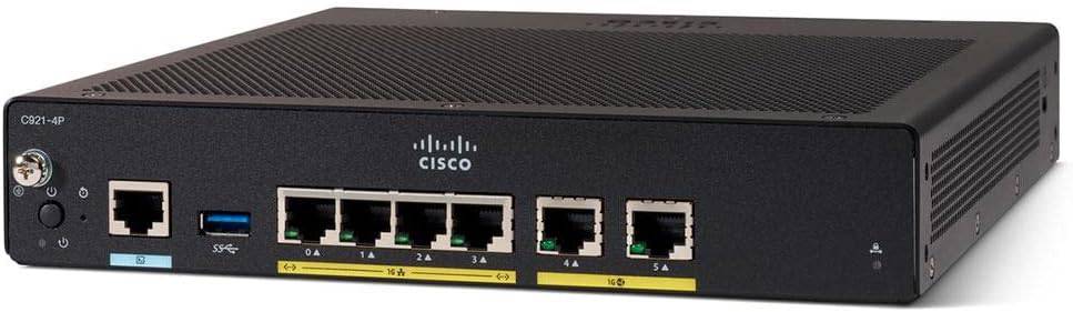 Cisco Integrated Services Router 921 with 4-port switch, 1GbE, and 2 WAN ports, shown in this image.