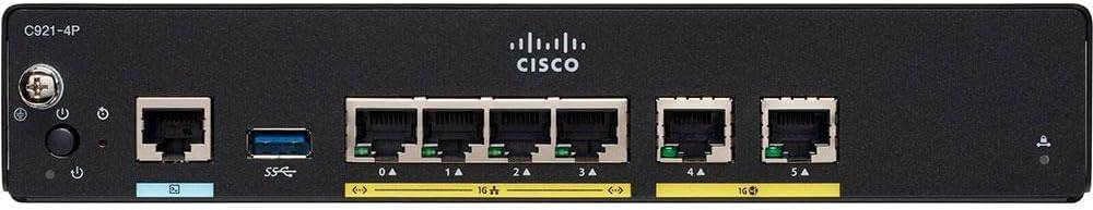 Cisco Integrated Services Router 921 with 4-port switch, 1GbE, and 2 WAN ports, shown in this image.