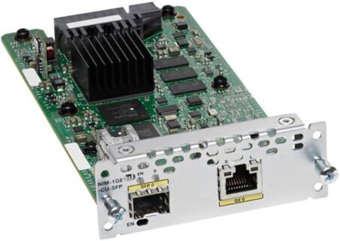Cisco NIM-1GE-CU-SFP Gigabit Ethernet WAN Network Interface Module with dual-mode security, designed for network security and connectivity.