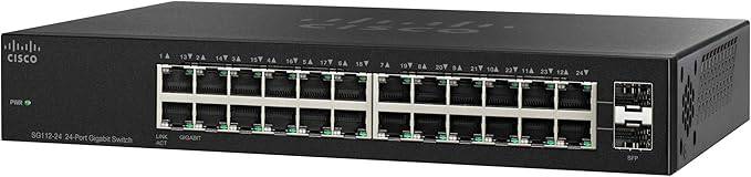 Cisco SG112-24 24-port Gbit switch with compact design, featuring multiple Ethernet ports for high-speed network connectivity.