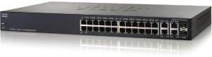 Cisco Small Business SG300-52P 52-port Gigabit PoE managed switch with multiple Ethernet ports and sleek black design.