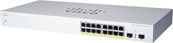 Cisco Systems CBS220-16T-2G Smart Switch with 16 ports, 2 Gbps SFP slots, and a 3-year hardware warranty.