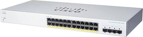 Cisco Systems CBS220-24T-4G Smart Switch with 24 Ethernet ports and 4 SFP ports, featuring a 3-year hardware warranty.