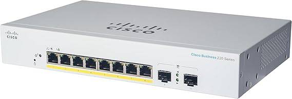 Cisco Systems CBS220-8T-E-2G smart switch with 8 Gigabit Ethernet ports and 2 SFP slots, featuring a 3-year hardware warranty.