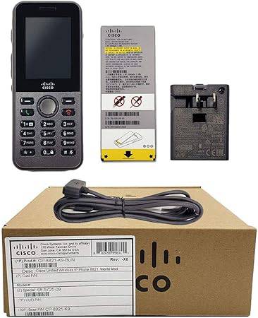 Cisco Systems CP-8821-K9-BUN wireless IP phone with display, battery, and power adapter, designed for business communication.
