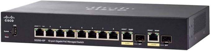 Cisco SG350-10P 10-Port Gigabit PoE Managed Switch with Ethernet ports and LED indicators for network management.