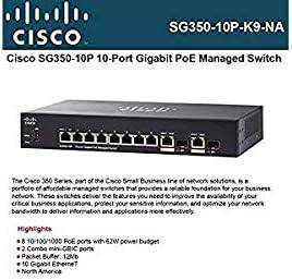 Cisco SG350-10P 10-Port Gigabit PoE Managed Switch with Ethernet ports and LED indicators for network management.