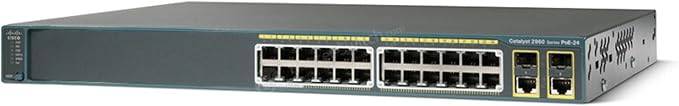 Cisco WS-C2960-24PC-S Catalyst switch with 24 Ethernet ports, shown in a network setup with ports and LED indicators.