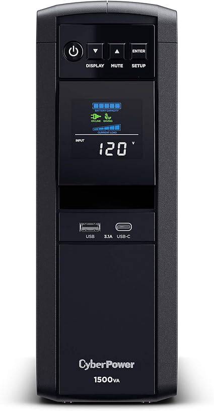 CyberPower CP1500PFCLCD PFC Sinewave UPS System, 1500VA/1000W, 12 Outlets, AVR, Mini Tower,Black