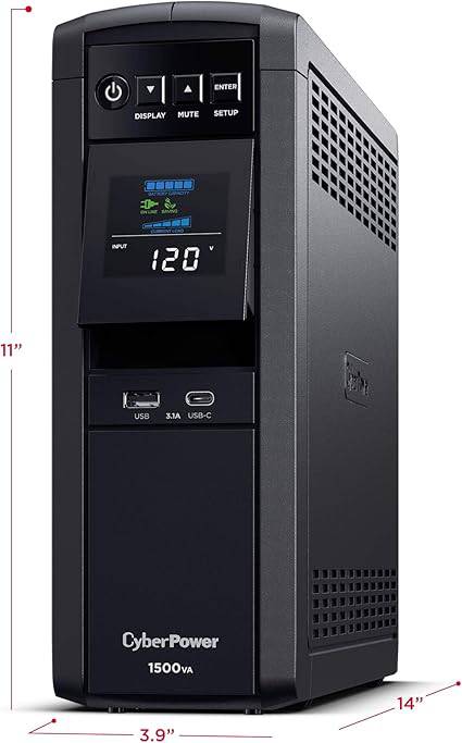 CyberPower CP1500PFCLCD PFC Sinewave UPS System, 1500VA/1000W, 12 Outlets, AVR, Mini Tower,Black