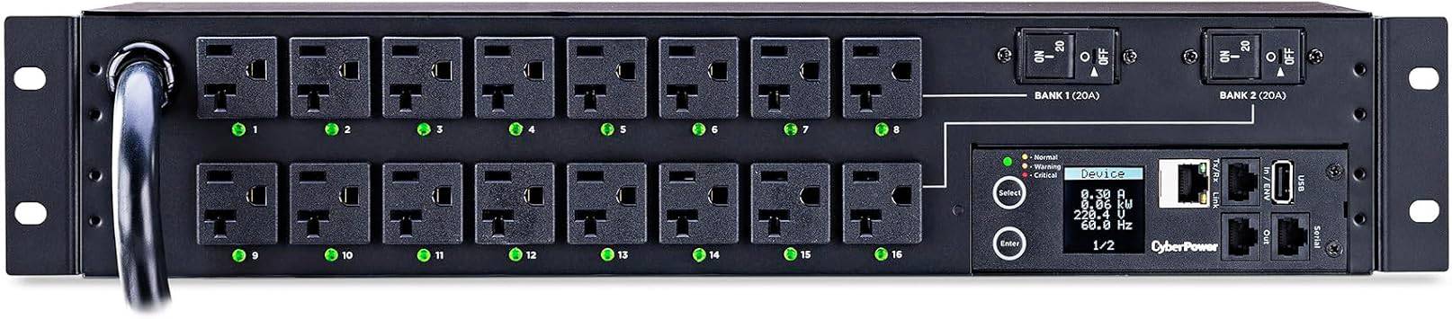 CyberPower PDU41003 switched power distribution unit with 16 outlets, 120V/30A, 2U rackmount for data centers and server racks.