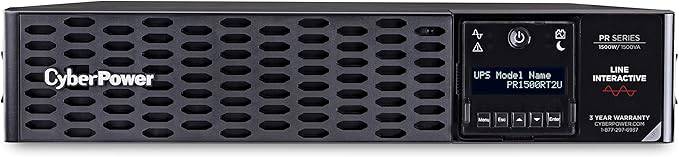 CyberPower PR1500RT2U Smart App Sinewave UPS system with 1500VA/1500W, 8 outlets, 2U rack/tower design, AVR included.