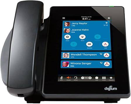Digium D80 IP phone with 7-inch color display, HD voice, gigabit Ethernet, and capacitive touch screen for VoIP communication.