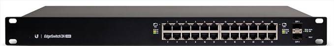 EdgeSwitch ES-24-250W 24-port managed PoE+ gigabit switch with SFP ports and 250-watt power supply, shown with ports and ports labels.