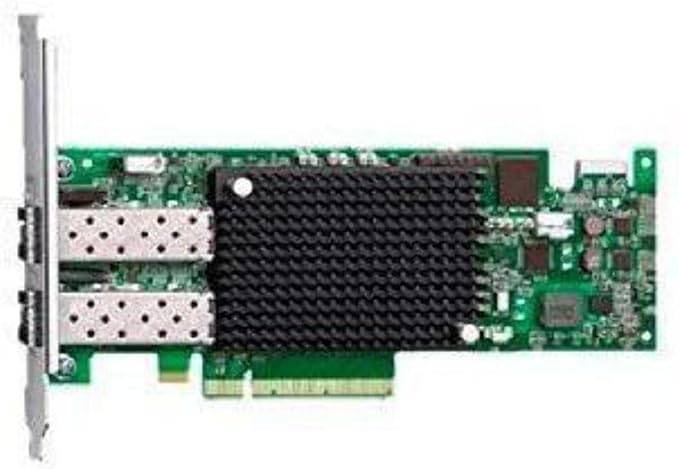 Emulex 16GB FC dual-port HBA card for Fibre Channel connectivity, shown installed in a server.