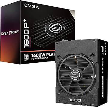 EVGA Supernova 1600 P+ 80+ Platinum power supply with fully modular design, 1600W, 10-year warranty, and free power-on self tester.