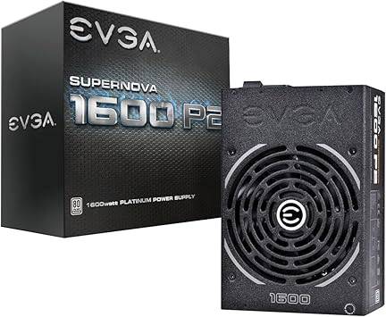 EVGA Supernova 1600 P2 power supply with 80+ Platinum efficiency, fully modular design, ECO mode, and 10-year warranty.