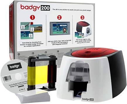 Evolis Badgy200 card printing solution with single-sided printer, 1 color ribbon, PVC cards, and Badge Studio+ software.
