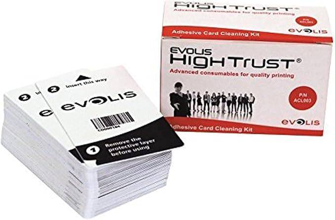 Evolis Primacy printer cleaning card kit with 50 adhesive cleaning cards for maintaining printer performance.