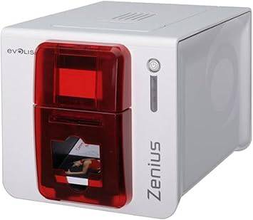 Evolis Zenius Classic single-sided ID card printer with red trim, USB connection, and included USB cable.