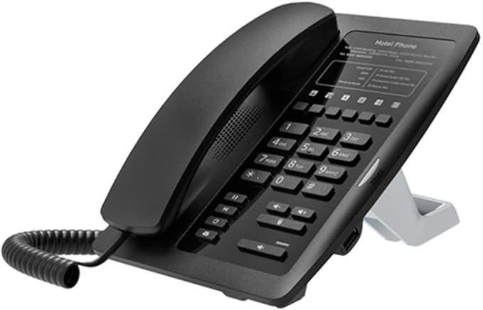 Fanvil H3W Wi-Fi IP phone in black with wireless design, built-in 2.4GHz Wi-Fi, USB port for charging, suitable for hotels and hospitals.
