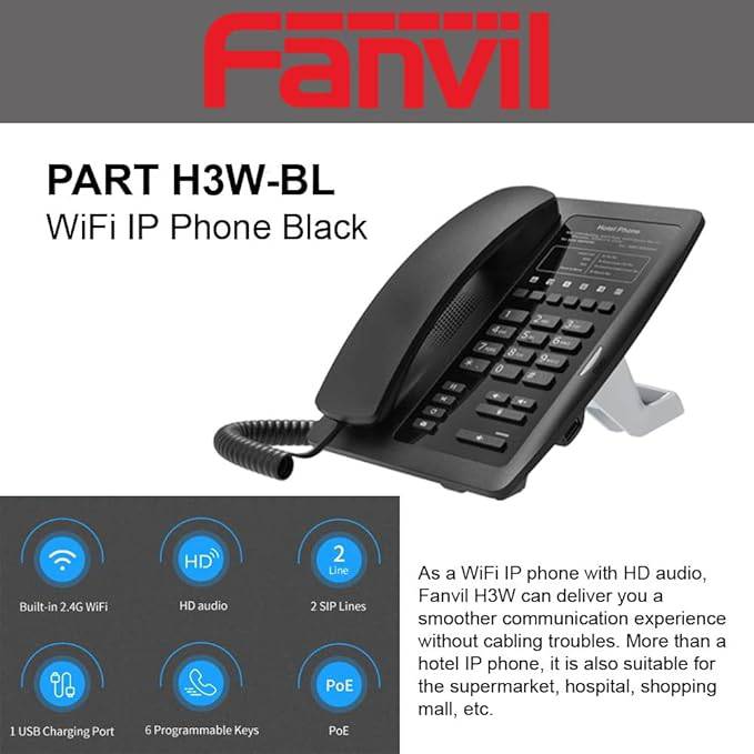 Fanvil H3W Wi-Fi IP phone in black with wireless design, built-in 2.4GHz Wi-Fi, USB port for charging, suitable for hotels and hospitals.