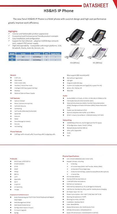 Fanvil H5 Hotel IP Phone with 3.5-inch color screen displaying hotel information and sleek design for hotel communication.